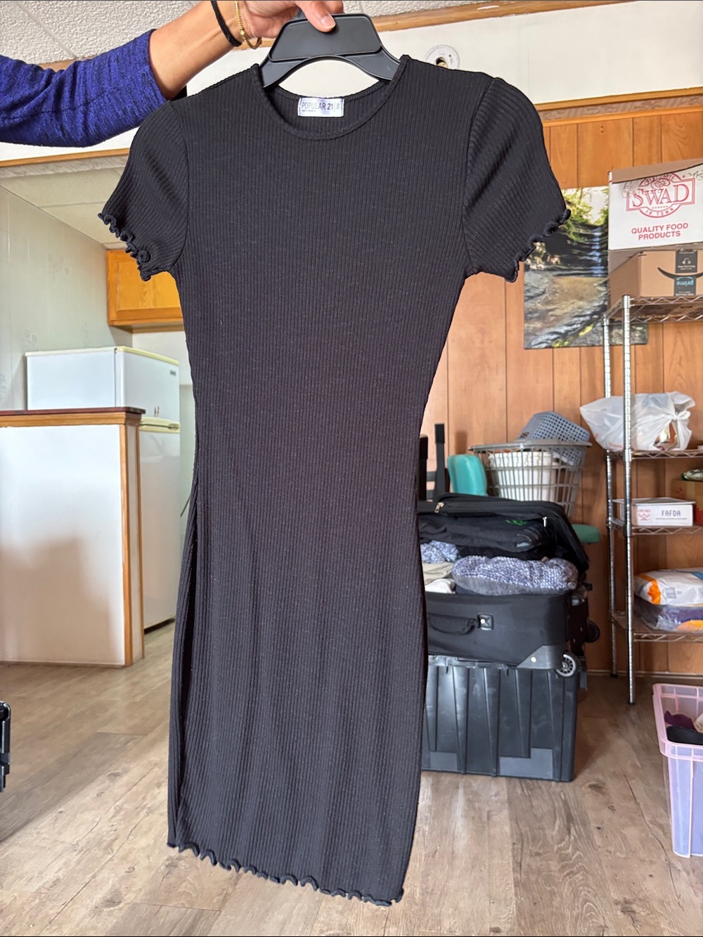 Black Ribbed Short Sleeve Midi Dress by Unknown Brand